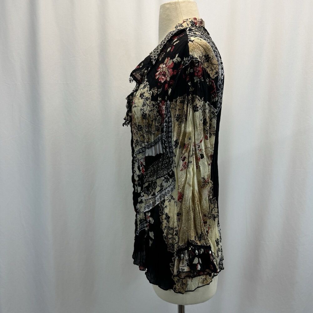 Boho Floral Patchwork Blouse Shirt L Paisley Boho Festival Western Art Flowy - Picture 11 of 13